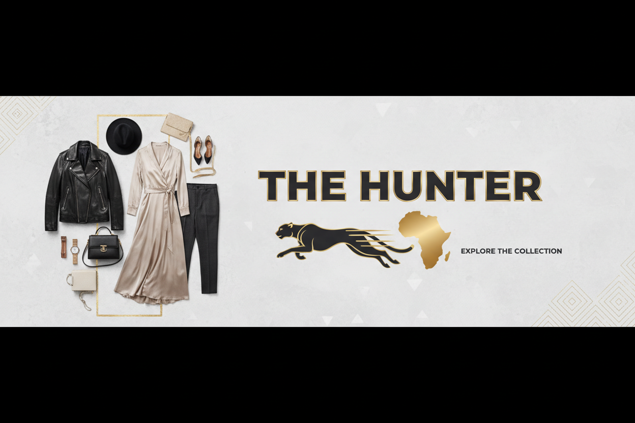 create-a-banner-with-a-bunch-of-fashion-clothes-with-the-brand-name-of-the-hunter-remember-brand-logo-is-a-cheetah-running-across-the-african-map. let the cheetah be running from the west side of the map towards the east 