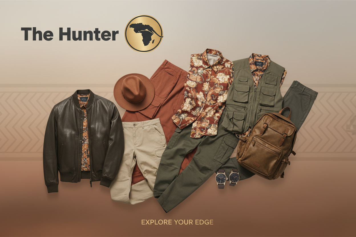 create a banner with a bunch of fashion clothes with the brand name of "The Hunter". Remember brand logo is a cheetah running across the african map